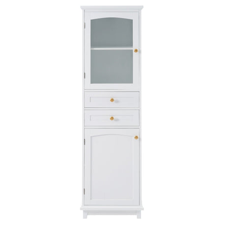Tall Bathroom Storage Cabinet With Glass Doors, Free-Standing, Two Drawers, And Adjustable Shelves, Board, Painted Perfect For Displaying Your Favorite Items HouseOfZazla