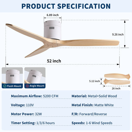 Low Profile Flush Ceiling Fan Without Light - Matte White / White HouseOfZazla