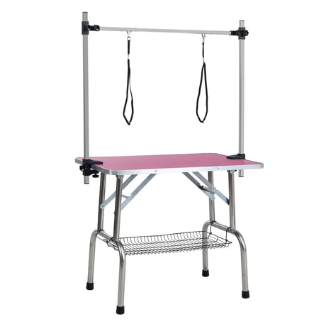 Folding Dog Pet Grooming Table Stainless Steel Frame Rubber Mat On Board With Adjustable Arm And Clamps Pet Dog Cat Grooming Table HouseOfZazla