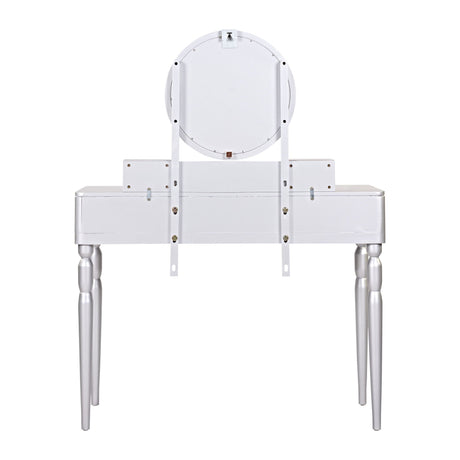 Luxury Vanity Desk With Round Mirror Height Adjustable Dressing Table Set Engineered Wood - Silver HouseOfZazla