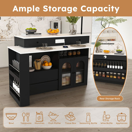 Kitchen Island With Extendable Rotating Table, 4 Drawers & Glass Door Cabinets, Built In Socket - Black HouseOfZazla