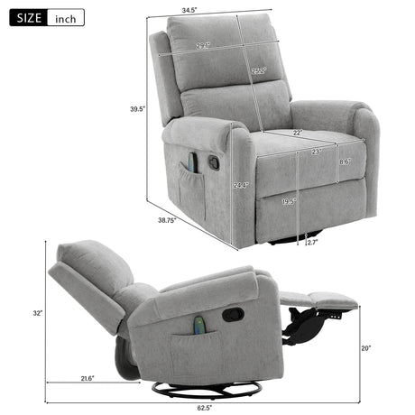 Manual Recliner Massage Chair With Swivel Rocker, 8 Massage Modes, Side Storage Pocket HouseOfZazla