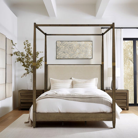 Queen Canopy Bed Frame With Upholstered Headboard - Brown HouseOfZazla