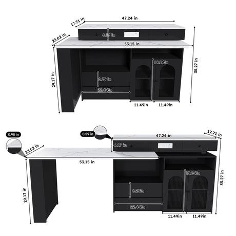 Kitchen Island With Extendable Rotating Table, 4 Drawers & Glass Door Cabinets, Built In Socket - Black HouseOfZazla