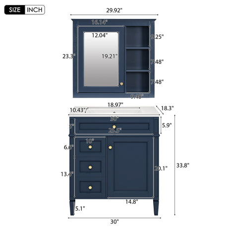 Bathroom Vanity With Medicine Cabinet, Royal Mirror Cabinet, Modern Bathroom Storage Cabinet With 2 Soft Closing Doors And 4 Drawers HouseOfZazla
