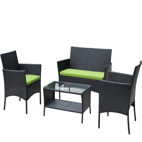 4 PC Rattan Patio Furniture Set Outdoor Cushioned Wicker Sofa Green Cushion HouseOfZazla