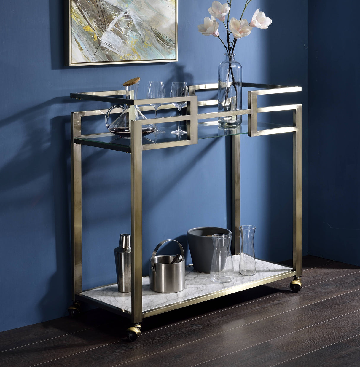 Neilo Clear Glass Faux Marble Top Serving Cart