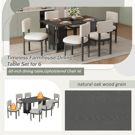 Dining Table Set With 6 Upholstered Chairs, Rectangular Table With Cutout Legs HouseOfZazla