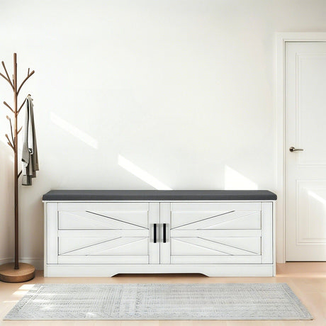 2 Tier Shoe Bench With Padded Seat, 2 Barn Doors And Adjustable Shelves, For Entryway And Living Room - White HouseOfZazla