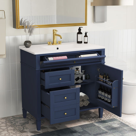 Bathroom Vanity With Top Sink, Modern Bathroom Storage Cabinet, 2 Drawers And A Tip-Out Drawer, Single Sink Bathroom Vanity - Blue HouseOfZazla