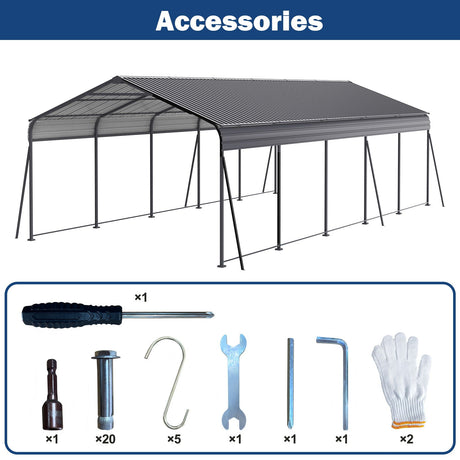 Metal Carport 13 X 26.5 Ft Heavy Duty With Galvanized Steel Roof Metal Garage Canopy With Galvanized Steel Roof & Frame Car Tent Outdoor Storage Shed For Car Boats And Truck - Gray HouseOfZazla
