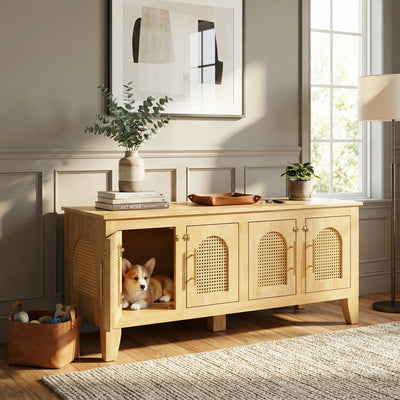Lars Indoor Rattan Decorated Rubber Wood Dog Crate Cabinet