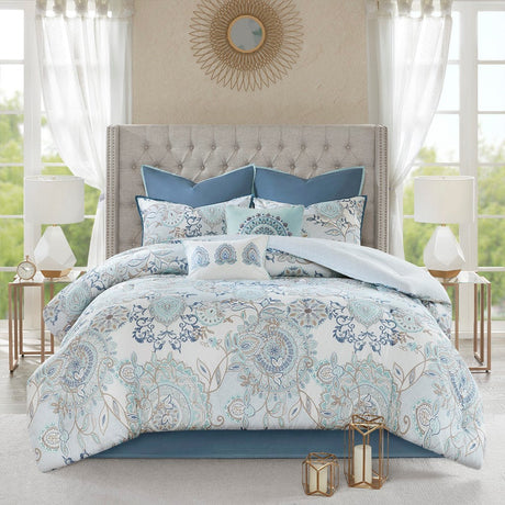 8 Piece Cotton Floral Printed Reversible Comforter Set Blue HouseOfZazla