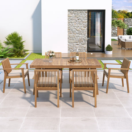 7 Piece Patio Furniture Set Acacia Wood Table And 6 Cushioned Chairs HouseOfZazla
