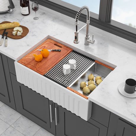 Porcelain Ceramic Farmhouse Sink Workstation With Reversible Apron Design - Single Bowl HouseOfZazla