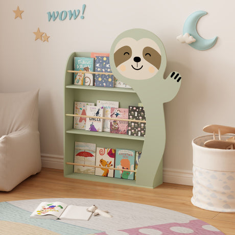 Sloth Bookshelf, Front Facing Toddler Book Display Rack With 3 Tiers, Cute Animal Design - Sage Green HouseOfZazla
