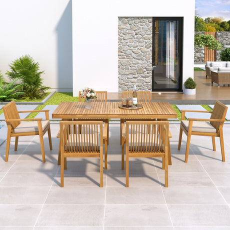 7 Piece Patio Furniture Set Acacia Wood Table And 6 Cushioned Chairs HouseOfZazla