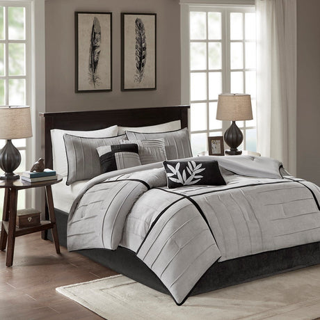 7 Piece Faux Suede Comforter Set Grey Queen HouseOfZazla