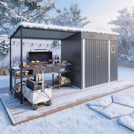 Lean To Shed With Open Sided Pergola, Outdoor Storage Shed & Attached Hardtop Gazebo Combo - Gray HouseOfZazla
