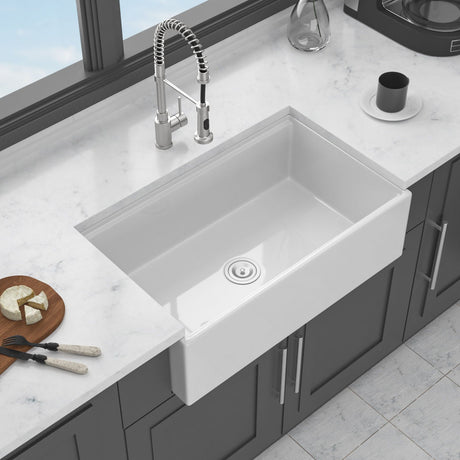 Porcelain Ceramic Farmhouse Sink Workstation With Reversible Apron Design - Single Bowl HouseOfZazla