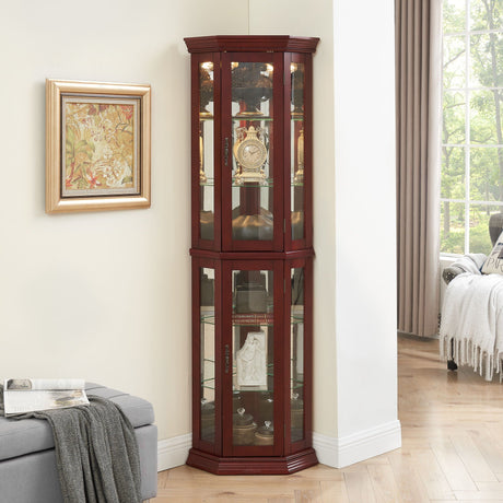 Corner Curio Cabinet With Lights, Adjustable Tempered Glass Shelves, Mirrored Back, Display Cabinet (E26 Light Bulb Not Included) HouseOfZazla