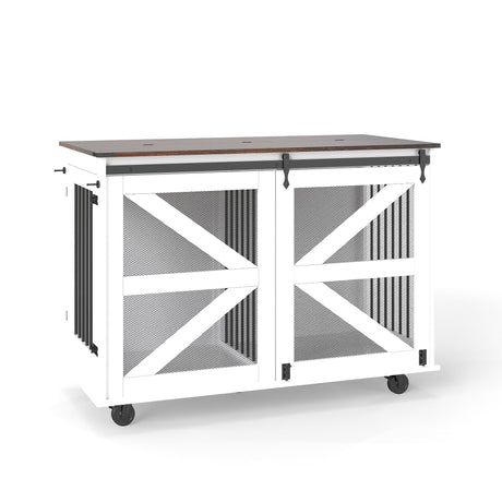 Mobile Dog Crate With Flip Top Feeding Door, Dual Access & 5 Caster System (2 Locking) - Brown White HouseOfZazla