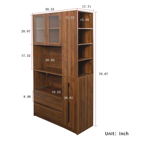 Tall Kitchen Pantry Cabinet With 4 Tier Side Shelf, 2 Drawers, Freestanding Food Hutch With Microwave Stand For Dining Room - Walnut HouseOfZazla