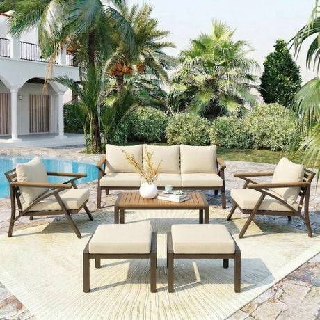 6-Piece Outdoor Patio Furniture Set with Steel Frame Sofa & Acacia Wood Table HouseOfZazla