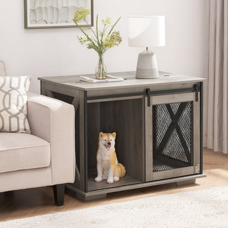 Farmhouse Dog Cage Crate Furniture with Sliding Barn Door HouseOfZazla