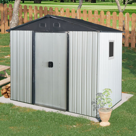 8Ft X 4Ft Outdoor Metal Storage Shed With Window And Metal Foundation For Backyard, Patio, Lawn HouseOfZazla