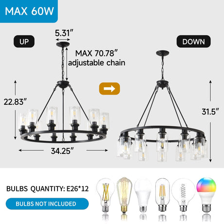 Black Wagon Wheel Chandelier 31.5 Inch Modern Farmhouse Pendant Light HouseOfZazla