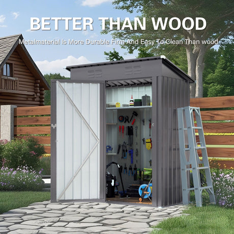 5 X 3 Ft Durable Metal Shed Outdoor Storage Shed With Pitched Roof And Lockable Door - Gray HouseOfZazla