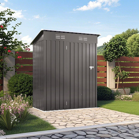 5 X 3 Ft Durable Metal Shed Outdoor Storage Shed With Pitched Roof And Lockable Door - Gray HouseOfZazla