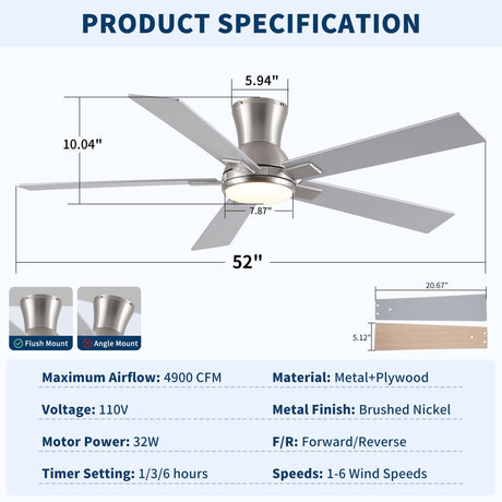 Low Profile Flush Mount Intergrated LED Ceiling Fan With Light And Reversible Quiet Motor HouseOfZazla