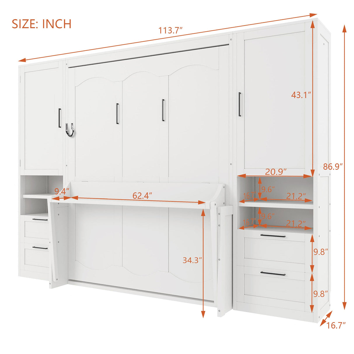 Queen Size Murphy Bed Wall Bed with Closet, Drawers and Shelves, White