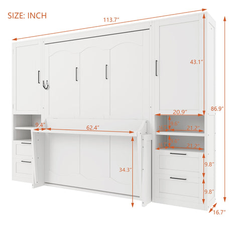 Queen Size Murphy Bed Wall Bed with Closet, Drawers and Shelves, White HouseOfZazla