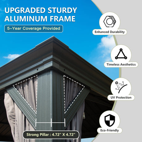 10' x 12' Hardtop Gazebo Outdoor Metal Gazebo with Galvanized Steel Double Roof Canopy, Aluminum Frame, Curtains and HouseOfZazla