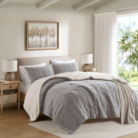 3 Pieces Full/Queen Cable Knit Chenille Comforter Set Gray HouseOfZazla