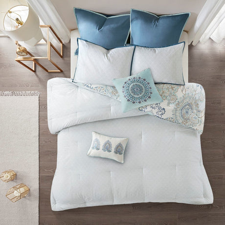 8 Piece Cotton Floral Printed Reversible Comforter Set Blue HouseOfZazla
