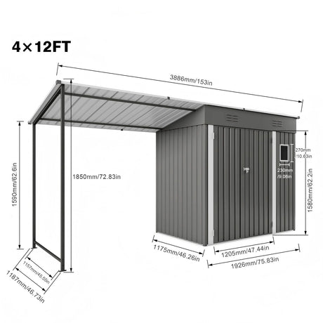 Lean To Shed With Open Sided Pergola, Outdoor Storage Shed & Attached Hardtop Gazebo Combo - Gray HouseOfZazla