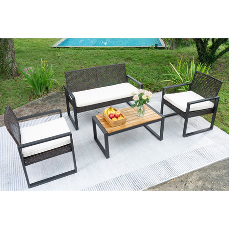 4 Piece Patio Furniture Set With Acacia Wood Table Top And Cushions HouseOfZazla