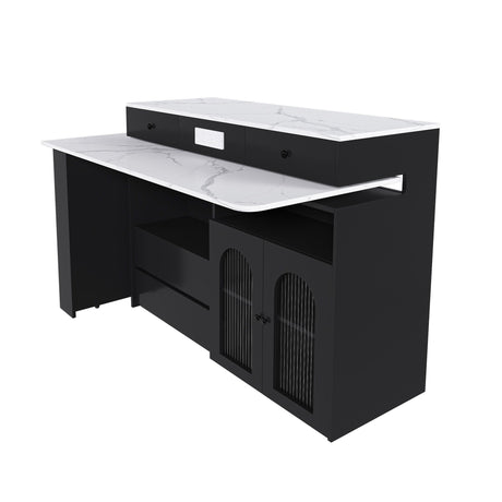 Kitchen Island With Extendable Rotating Table, 4 Drawers & Glass Door Cabinets, Built In Socket - Black HouseOfZazla