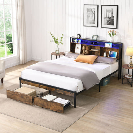 Modern Metal Platform Bed Frame with Wooden Headboard and Storage HouseOfZazla
