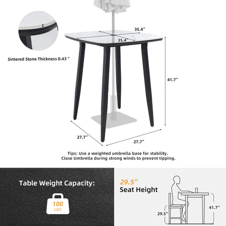 Outdoor Bar Table, Rounded Square Sintered Stone Top With Umbrella Hole, Rust Free Frame, Weatherproof - Ember Black / White HouseOfZazla