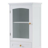 Tall Bathroom Storage Cabinet With Glass Doors, Free-Standing, Two Drawers, And Adjustable Shelves, Board, Painted Perfect For Displaying Your Favorite Items