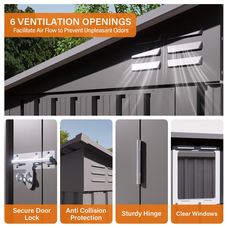 Outdoor Storage Shed, Tool House With Sloping Roof, 6 Vents And 2 Swing Doors For Backyard - Gray HouseOfZazla