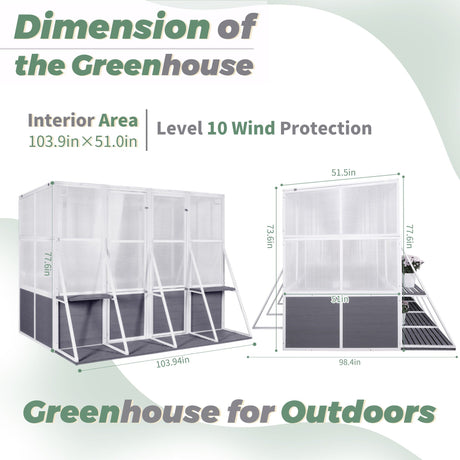 Greenhouse, Wooden Lean To Greenhouses For Outdoors, Heavy Duty Walk In Green House For Outside Winter, Large Hot House For Sunroom Storage Shed, Garden, Backyard - White / Gray HouseOfZazla