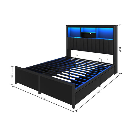 Bed Frame With High Storage Headboard, LED Light And Charging Station, 4 Storage Drawers HouseOfZazla