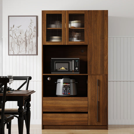 Tall Kitchen Pantry Cabinet With 4 Tier Side Shelf, 2 Drawers, Freestanding Food Hutch With Microwave Stand For Dining Room - Walnut HouseOfZazla