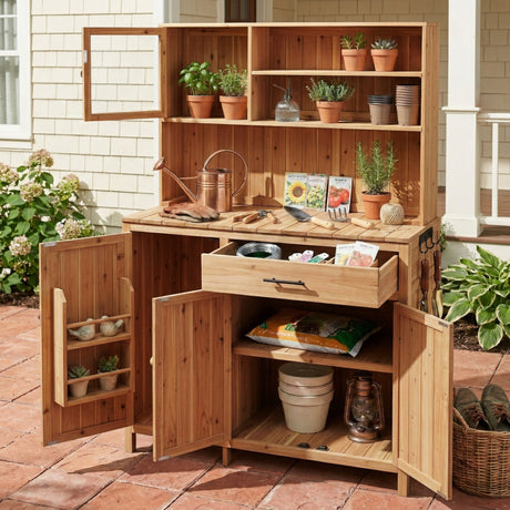 TOPAMX Potting Bench with Hutch, Solid Fir Wood Garden Workstation HouseOfZazla
